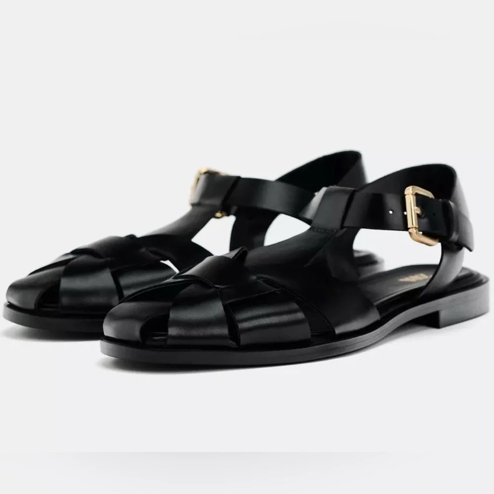 Zara Black Braided Leather Sandals with Gold Buckle - Picture 2 of 7